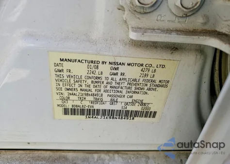 2008 Nissan Altima 2.5 from USA, damaged, VIN 1N4AL21E98N484918